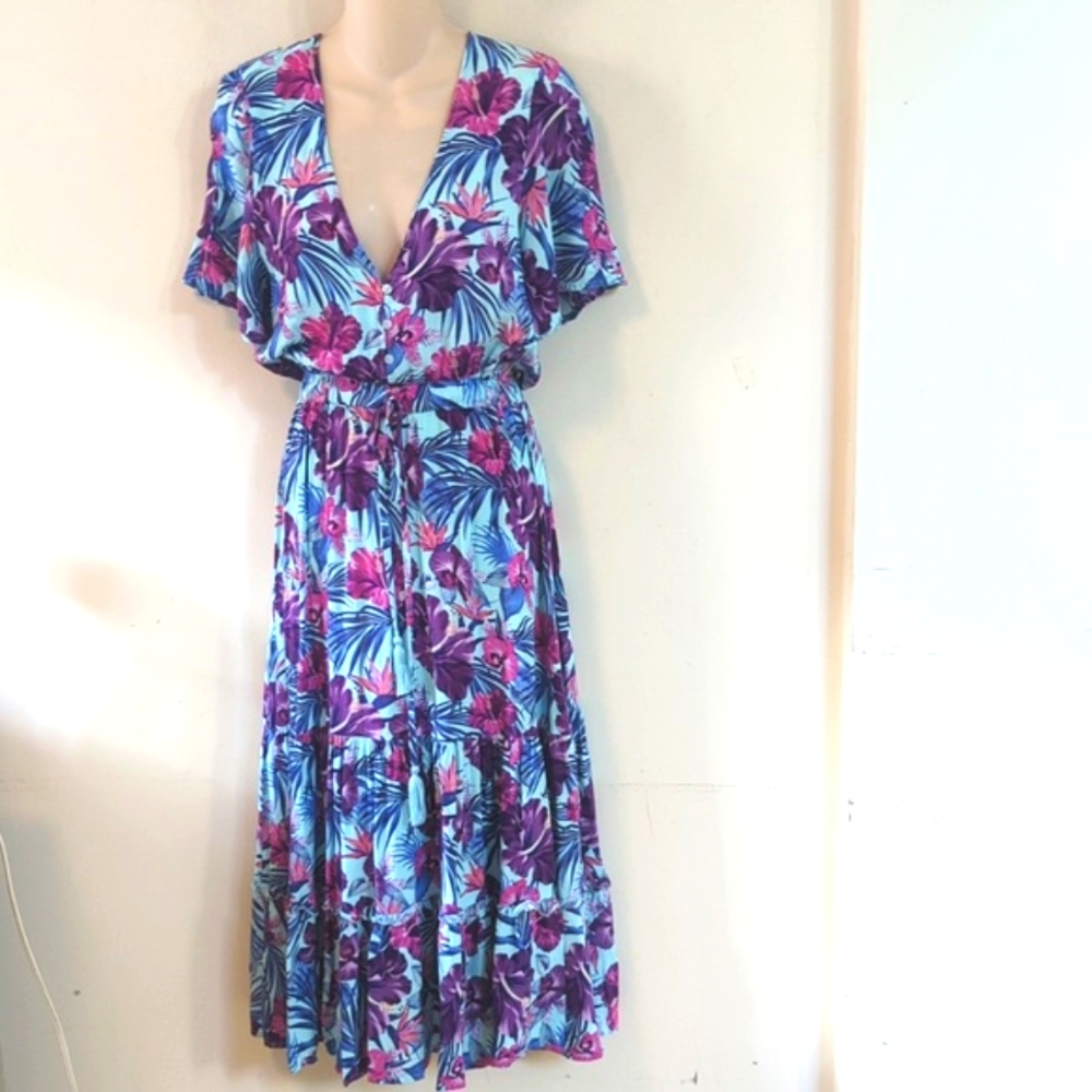 Anthropologie Sunday Mi Amor Blue Purple Floral Tiered Maxi Dress XS